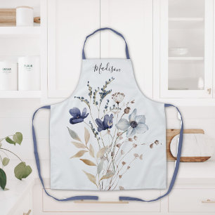 Tablier Élégant Chic Fleur Bleue Aquarelle Monogrammée