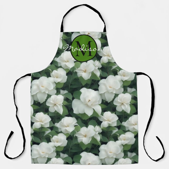 Tablier Élégant classique vert botanique blanc floral (Recto)