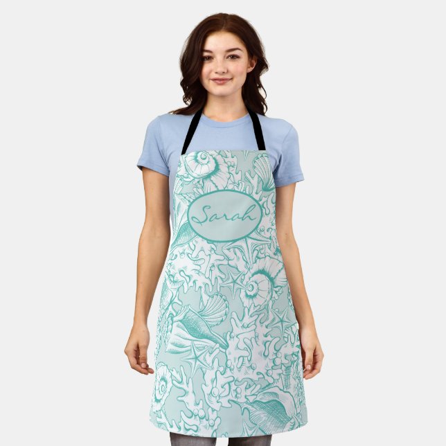 Tablier Elégant Coquillage vert mer Apron personnalisé (Porté)