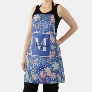 Tablier Élégant feuille florale bleu monogramme à thème