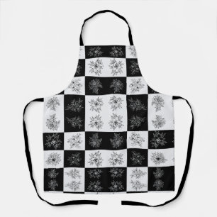 Tablier Élégant floral monochrome noir et blanc à carreaux