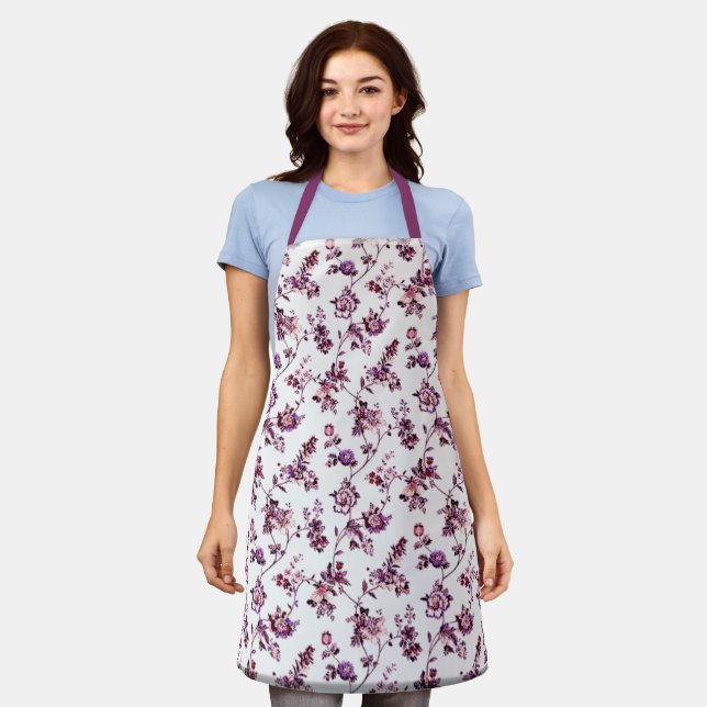 Tablier Elégant Floral Rose & Purple Flowers Chef Baker (Porté)