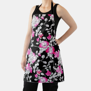 Tablier Elégant Fuchsia rose blanc noir motif floral