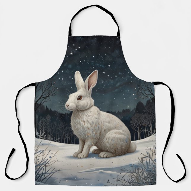 Tablier Elégant lapin blanc Noël forêt enneigée (Recto)
