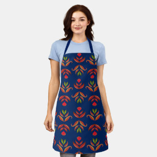 Tablier Elégant Marine Blue Folk Art Floral Rustique Cosy 