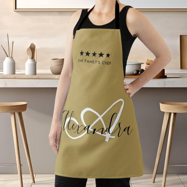 Tablier Élégant Monogram Gold White Script Meilleur Chef N (Elegant Monogram Gold White Script Best Chef Name Apron)