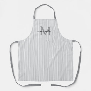Tablier Élégant Monogramme Nom Rayure Grise