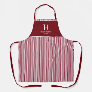 Tablier Élégant Monogramme Rayure Rouge Bourgogne Nom