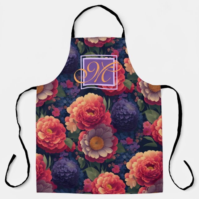 Tablier Élégant monogramme romantique orange rouge floral (Recto)