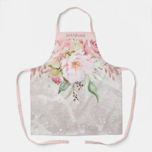 Tablier Élégant Monogramme Rose Rose et Pivoine Floral