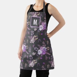 Tablier Élégant motif floral pourpre   Monogramme