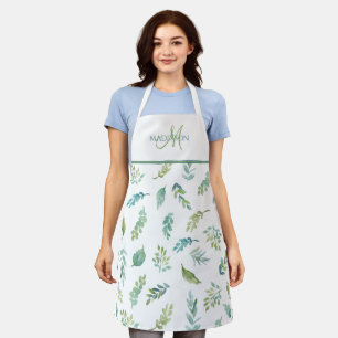 Tablier Élégant Motif Monogramme, feuilles turquoise et ve