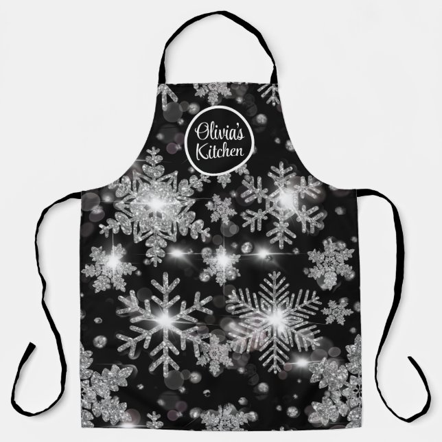 Tablier Élégant Noël noir blanc argent flocons de neige (Recto)