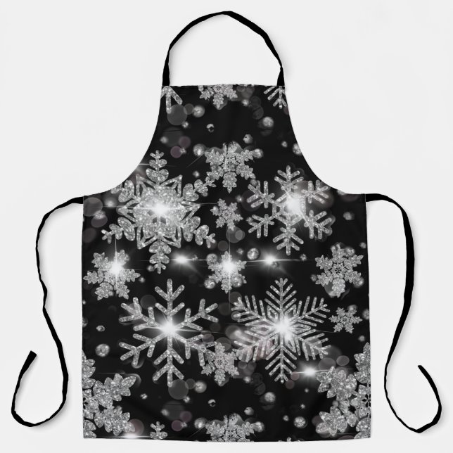 Tablier Élégant Noël noir blanc argent flocons de neige (Recto)
