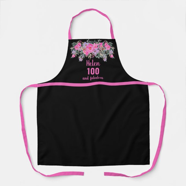 Tablier Élégant noir rose 100e anniversaire floral (Recto)