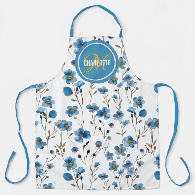 Tablier Élégant nom de monogramme floral bleu (Recto)