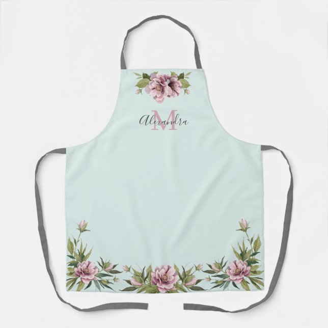 Tablier Élégant pépins rose & verdure personnalisé monogra (Recto)