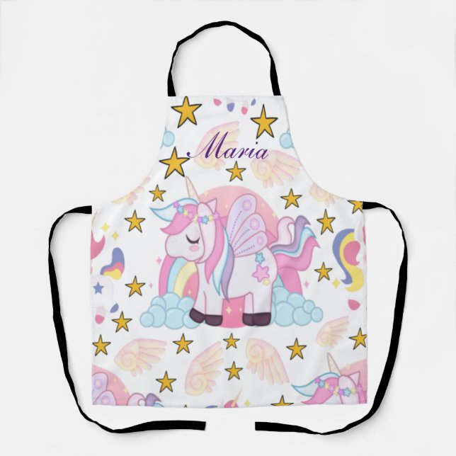 Tablier Élégant Pink Purple Gold Star Unicorn Nom (Recto)