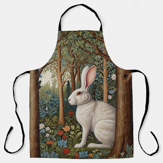 Tablier Elégant retro boho blanc lapin boisé fleurs (Recto)