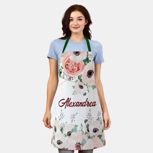 Tablier Elégant rose pastel Fleurs Aquarelle Personnaliser (Porté)