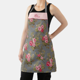 Tablier Elégant Rose Vintage avec nom-Grey Arrière - plan 