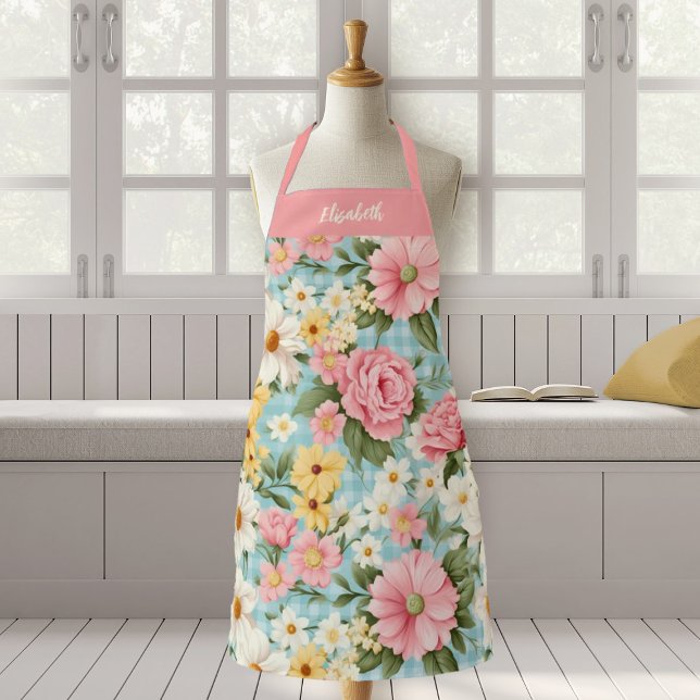 Tablier Élégant Script Botanique Floral (A pretty shabby chic floral apron. Personalize it with yoiur name. Makes a fun gift for a friend.)