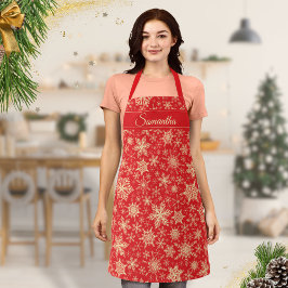 Tablier Élégant Snowflakes Monogramme Rouge Noël
