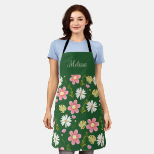 Tablier Élégant vert moderne rose floral