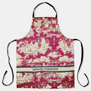 Tablier Élégant vintage lac rouge toile de jouy monogramme