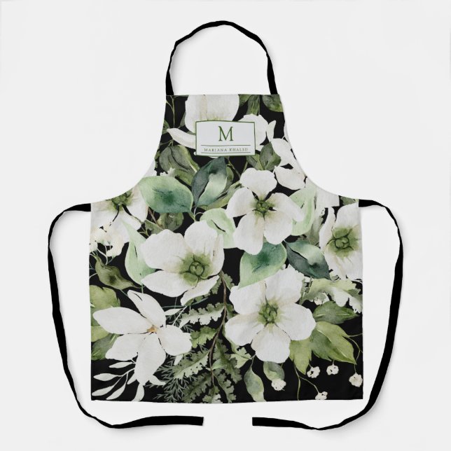 Tablier Elégante aquarelle florale noir et blanc (Recto)