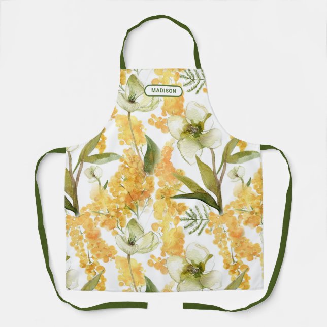 Tablier Elégante aquarelle Jaune Botanique Nom floral (Recto)