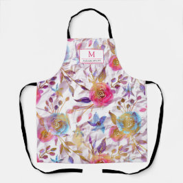 Tablier Elégante aquarelle rose floral et blanc