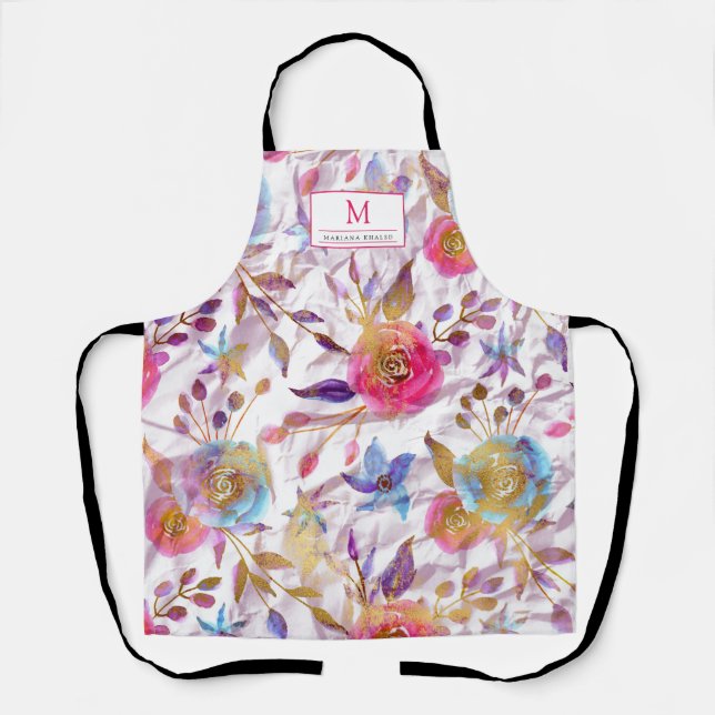 Tablier Elégante aquarelle rose floral et blanc (Recto)