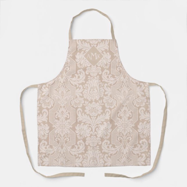 Tablier Elégante crème Victorian Damask avec Monogramme (Recto)