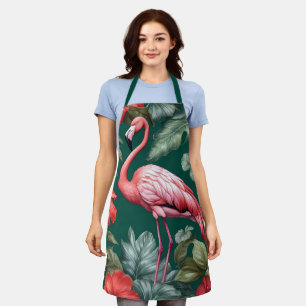 Tablier Elégante Flamant rose Hibiscus Fleurs Emerald Gree