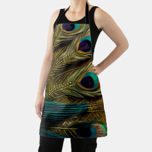Tablier Elégante Turquoise Abstraite Plumes Peacock Or