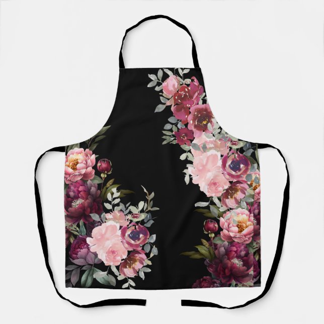 Tablier Élégantes pivoines florales modernes en noir (Recto)