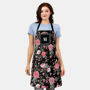 Tablier Élégantes roses roses noir monogramme de style