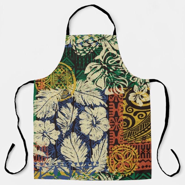 Tablier Éléments tribaux hawaïens et tissu hibiscus (Recto)