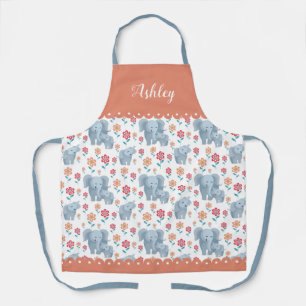 Tablier Eléphante mère avec bébé, fleurs motif, frontière