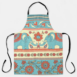 Tablier Eléphants, fleurs, motif ethnique rayé
