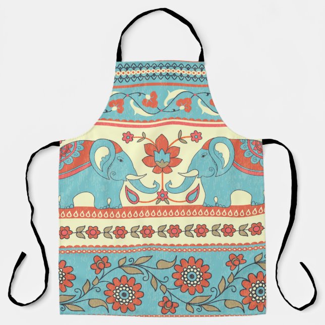 Tablier Eléphants, fleurs, motif ethnique rayé (Recto)