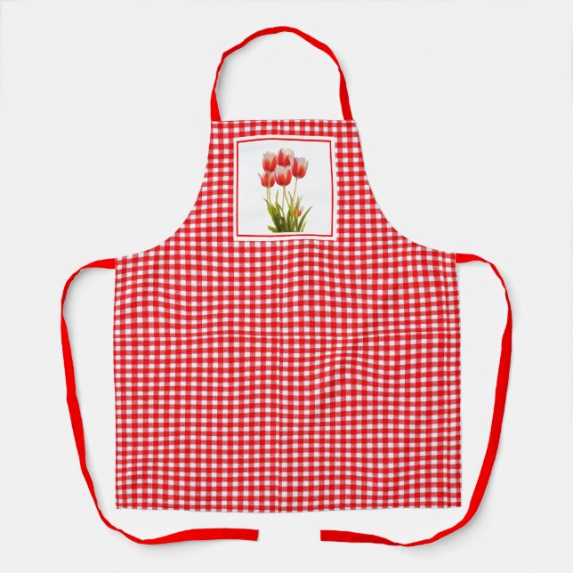Tablier En vichy rouge à la campagne avec tulipe rouge (Recto)