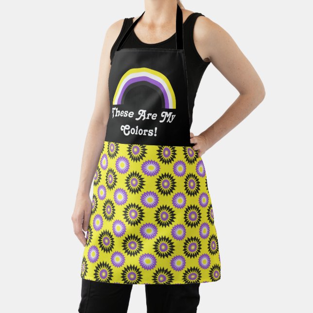 Tablier Enby pride flag and rainbow with text / yellow (Insitu)