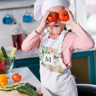 Tablier Enfant Aquarelle moderne Fleurs roses Monogrammes