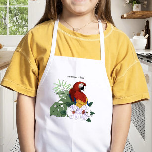 Tablier Enfant Ara Macao Rouge Perroquet Tropical Hibiscus Blanc