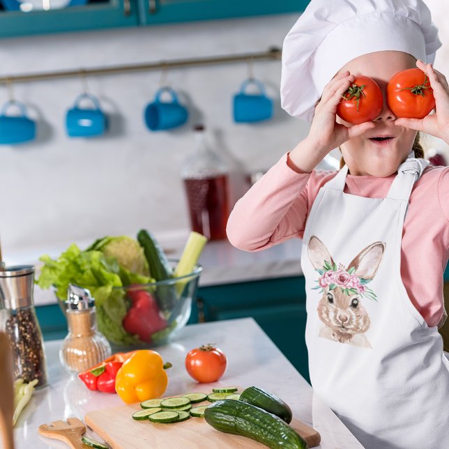 Tablier Enfant Bunny D'Aquarelle Rose Pastel Moderne Avec Fleurs (Créateur téléchargé)