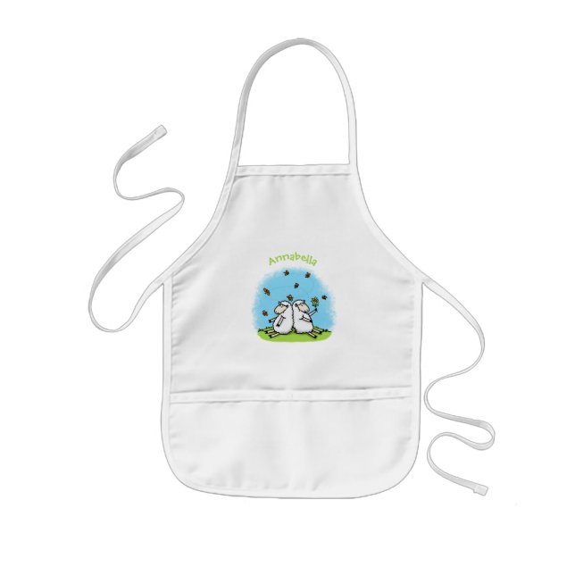 Tablier Enfant Caricature de moutons mignons amis et papillons (Devant)