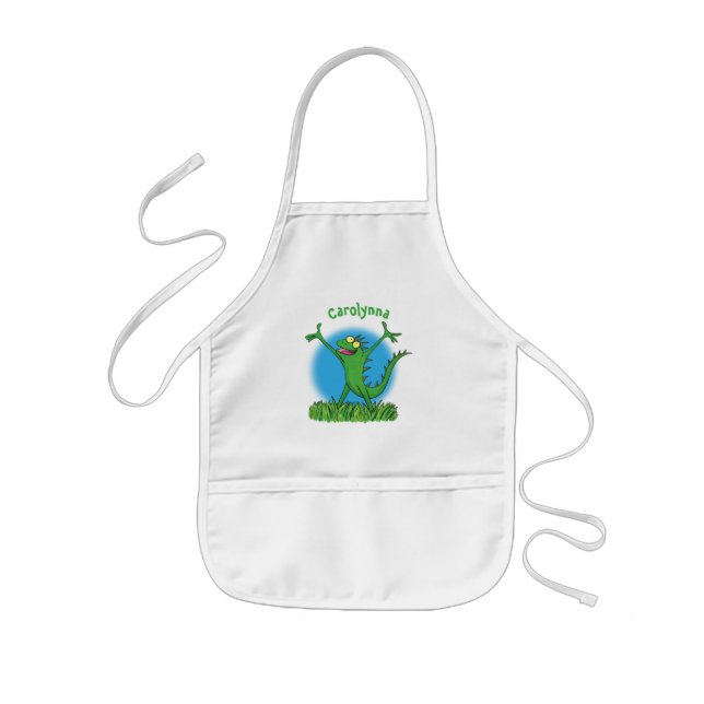 Tablier Enfant Drôle vert souriant animé lézard d'iguane (Devant)