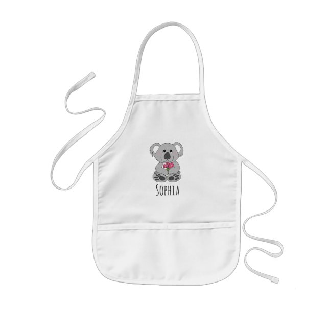 Tablier Enfant Filles Cute Koala Ours Fleurs de dessin et nom (Devant)